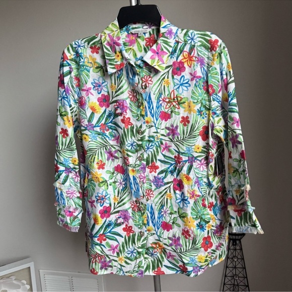NWT John Mark Plus Size Tunic Linen Floral Point Collar Button Front Blouse Top - Picture 3 of 11